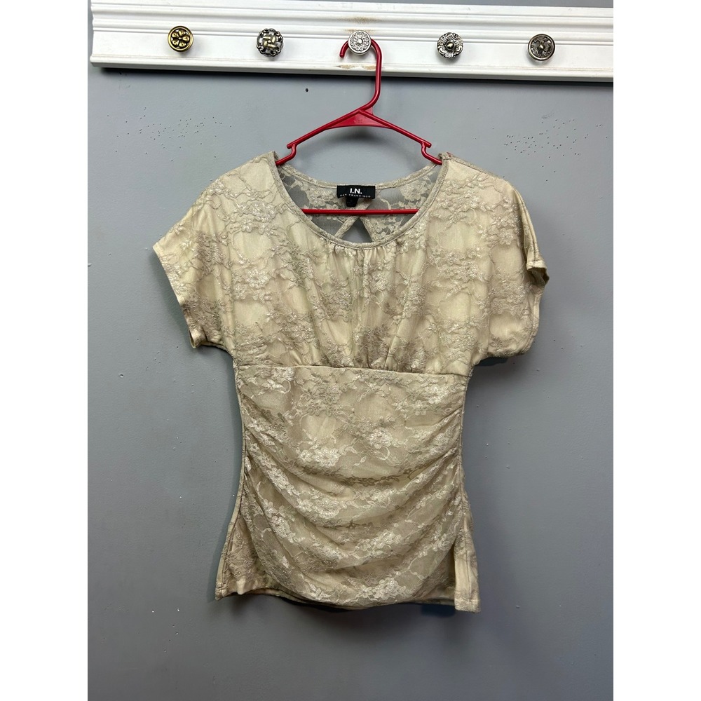 Lace Overlay Gathered Waist Top Shirt Womens Medium Beige Sheer Y2 Neutral
